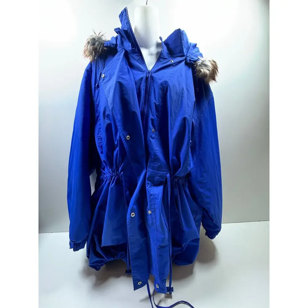 Woman Within Plus Sz Parka Sz 5X 38/40 Blue Full Zip Faux Fur Hood Quilted Liner